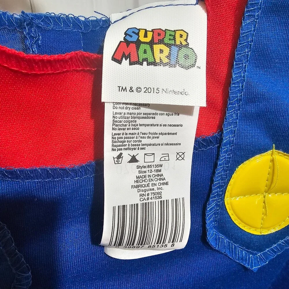 Super Mario Baby Costume 12-18 Months Jumpsuit Hat Mustache Disguise Halloween - Picture 7 of 8